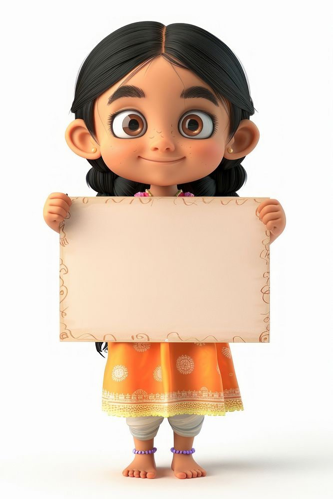 Indian girl holding board person cute doll.