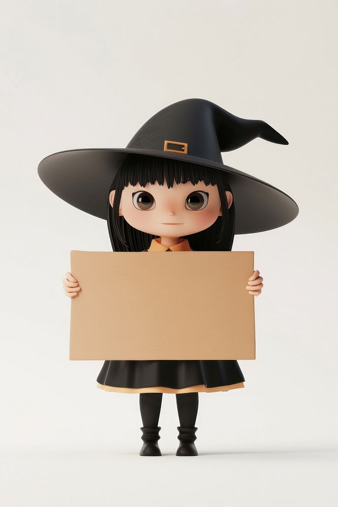 Little witch holding board cardboard standing person.