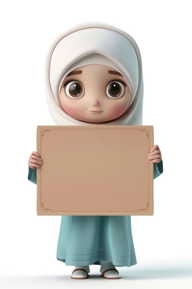 Muslim girl holding board standing person doll.