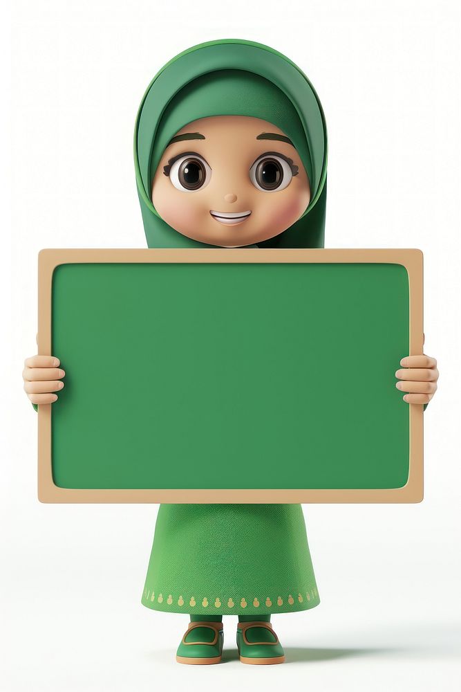 Muslim girl holding board person face toy.