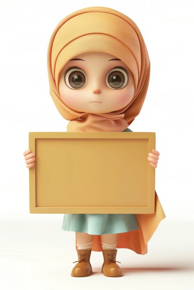 Muslin girl holding board portrait person doll.