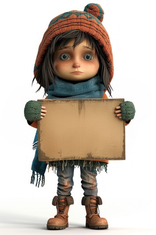 Poor homeless holding board person doll cute.