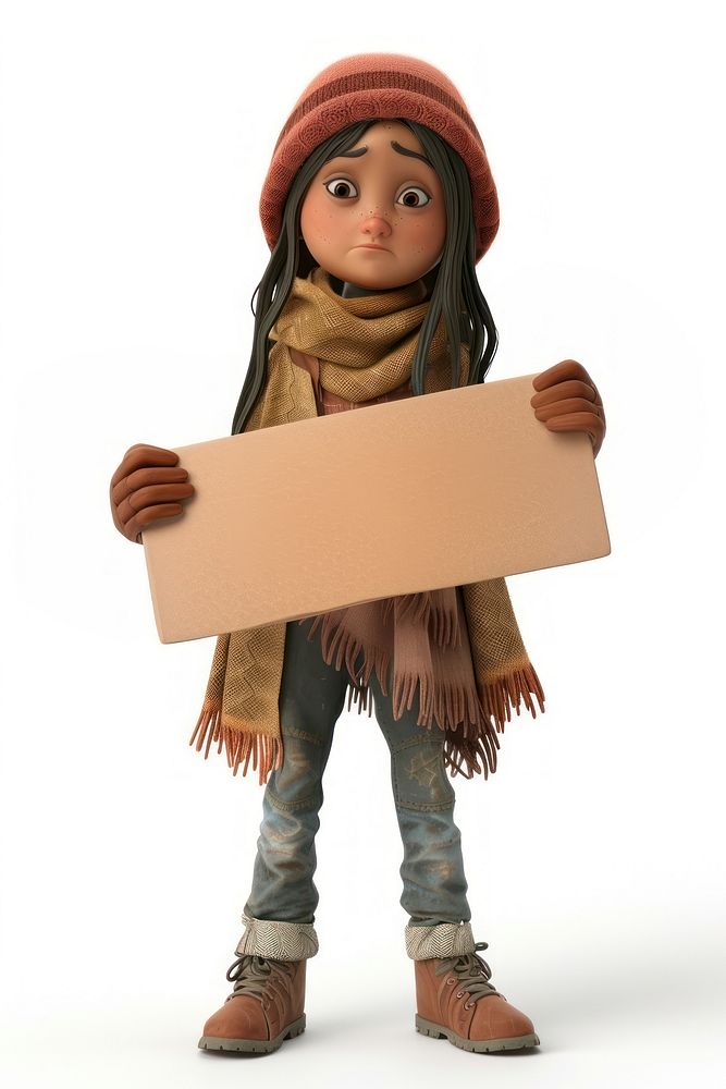 Poor homeless holding board standing person doll.