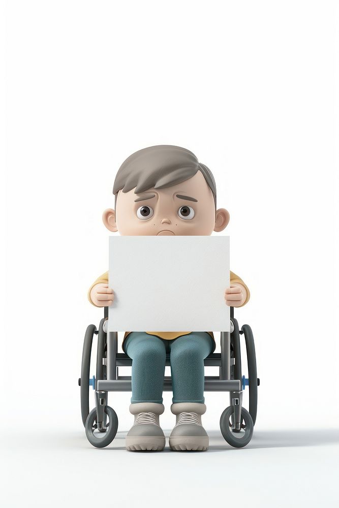 Sad disabled holding board wheelchair sitting reading.