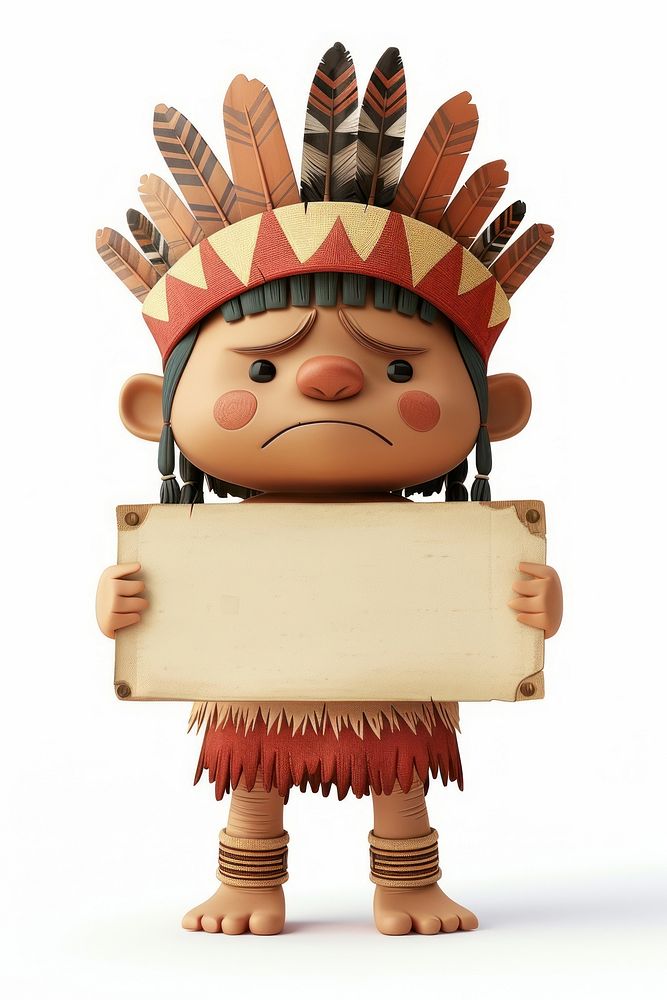 Sad Indigenous People holding board person white background representation.