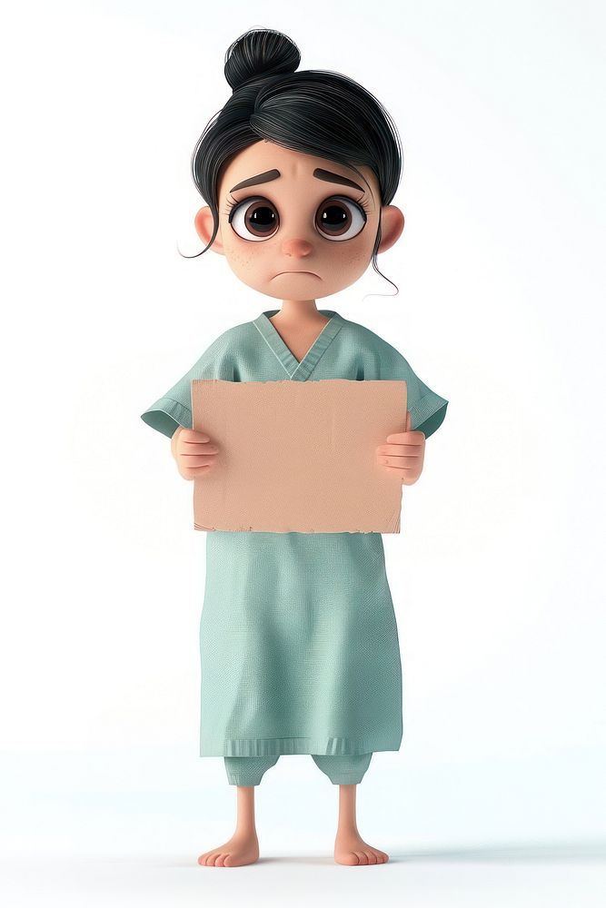 Sad patient holding board standing cartoon person.