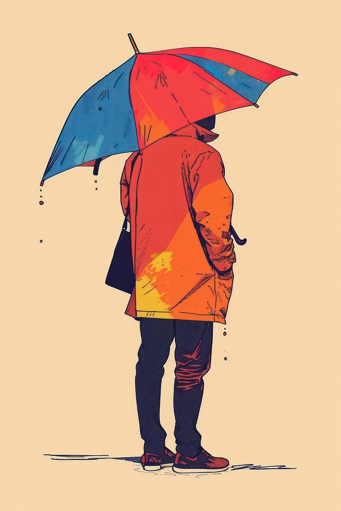 Drawing man umbrella raincoat red.