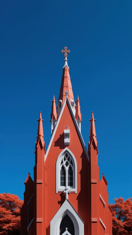 High contrast Gothic Church architecture building steeple.
