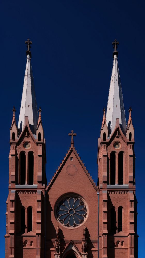 High contrast Gothic Church architecture building steeple.