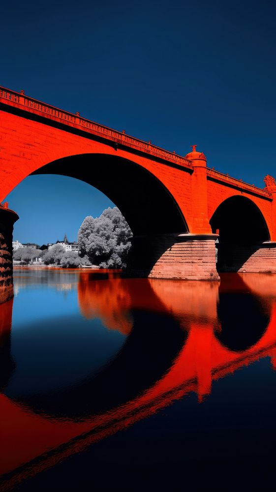 High contrast London bridge red architecture reflection.