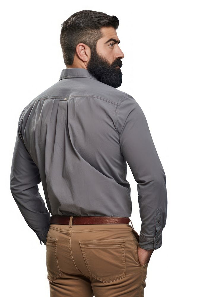 A man in jeans looking up on a white background isolation back view sleeve shirt adult.