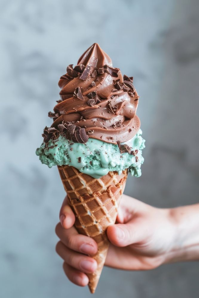 Mint chocolate icecream cone dessert food sprinkles.