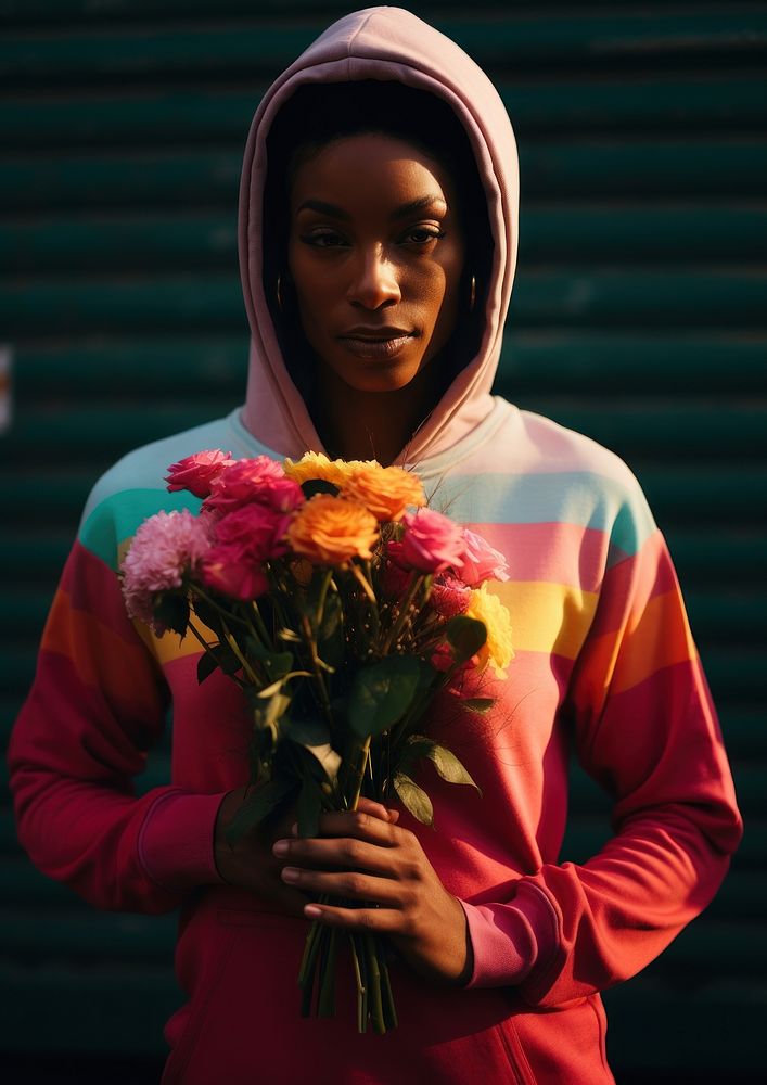 Blackwoman sport outfit fashion flower sweatshirt portrait.