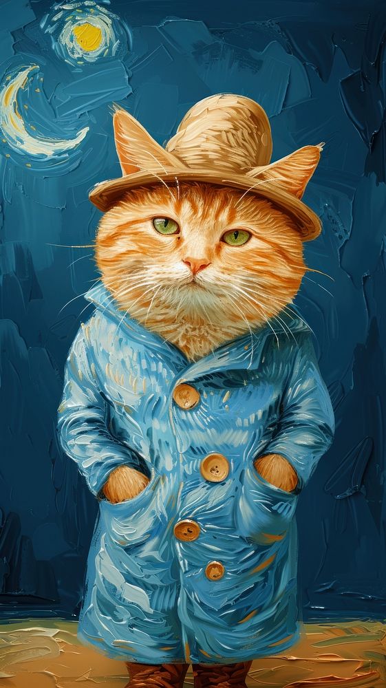 Chubby cat costuming wearing vincent van gogh surrealism wallpaper portrait animal painting.