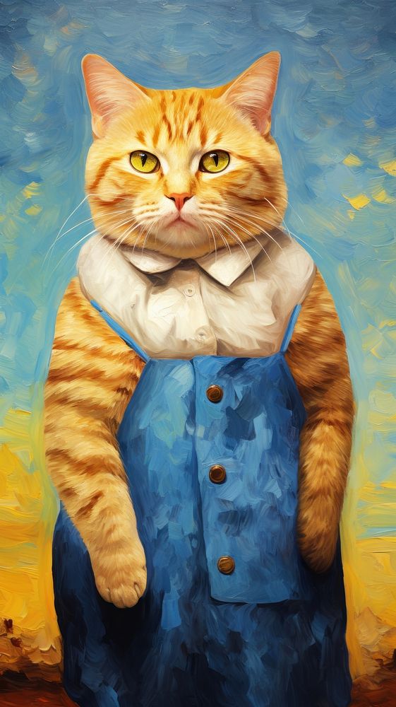 Chubby cat costuming wearing vincent van gogh surrealism wallpaper portrait animal painting.