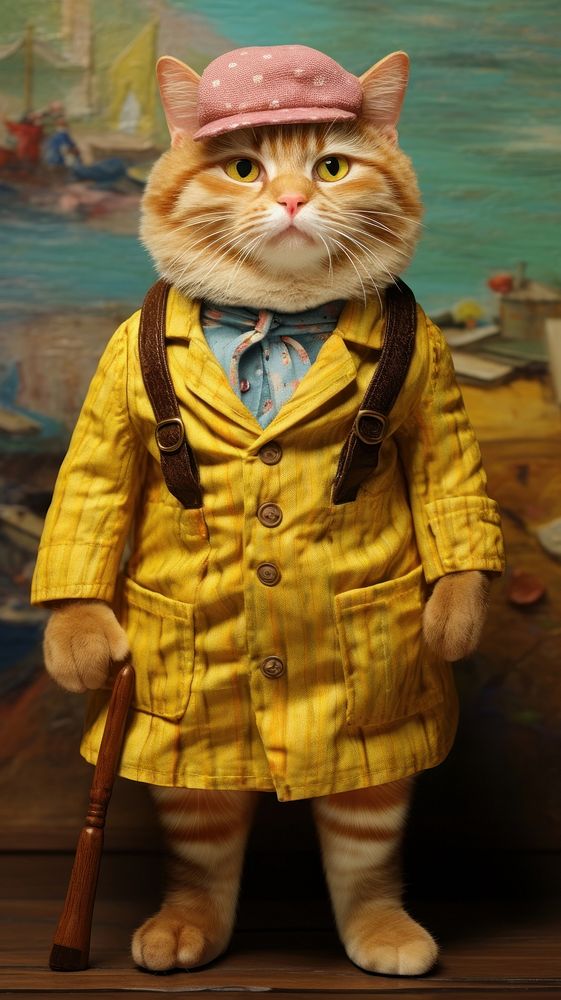 Chubby cat costuming wearing vincent van gogh surrealism wallpaper portrait animal mammal.