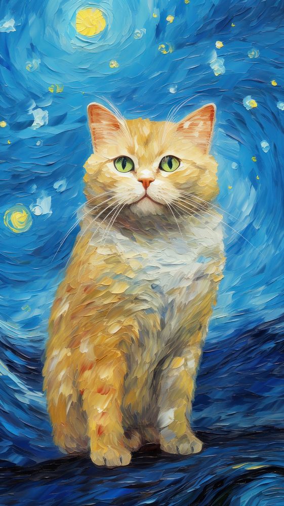 Chubby cat costuming wearing vincent van gogh surrealism wallpaper animal painting portrait.