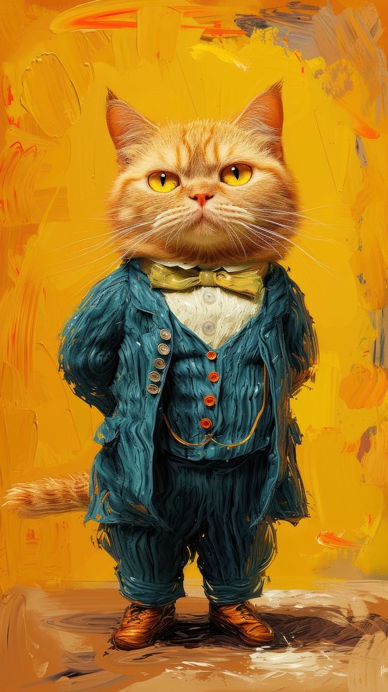 Chubby cat costuming wearing vincent van gogh surrealism wallpaper animal painting mammal.