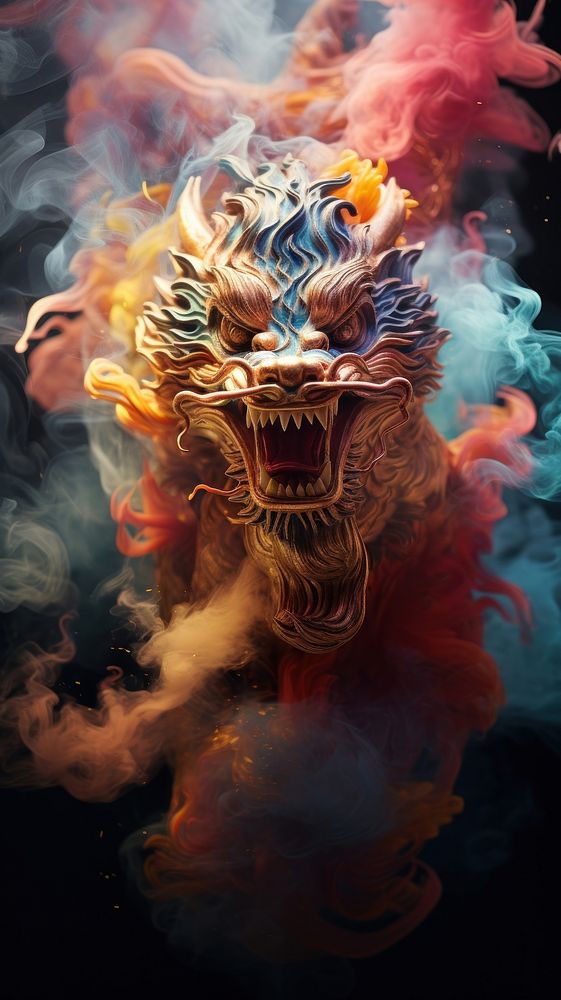 A detailed photograph of smoke figure in shape of chinese dragon motion representation creativity.