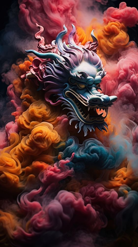 A detailed photograph of smoke figure in shape of chinese dragon painting motion art.