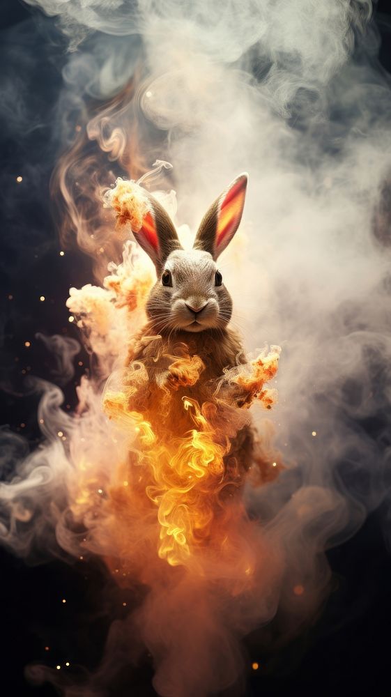 A detailed photograph of smoke figure in shape of rabbit explosion animal mammal.