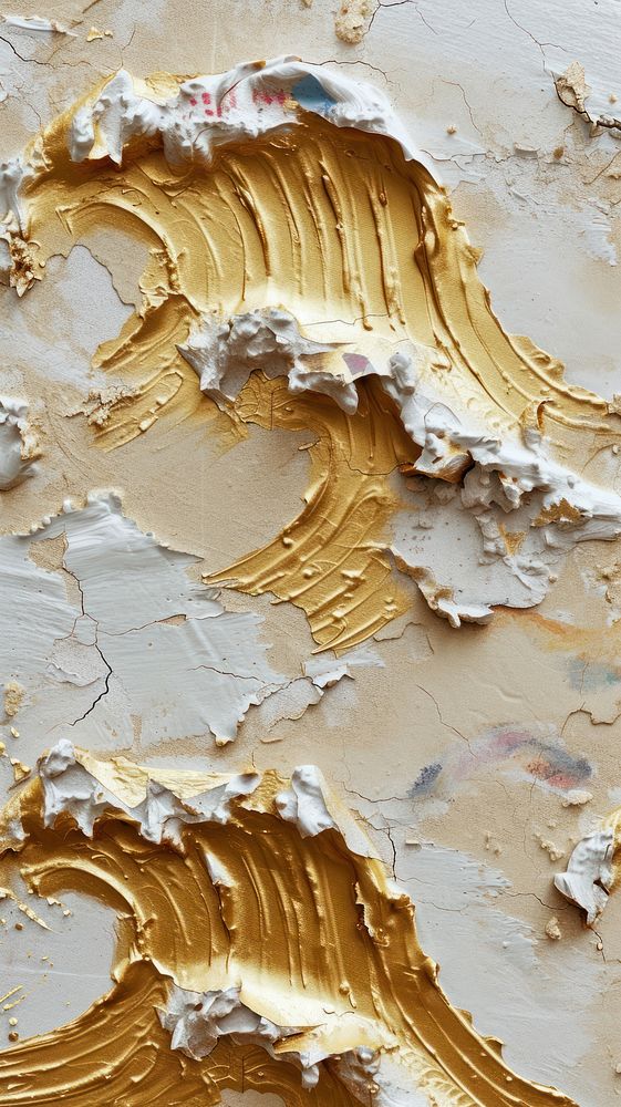 Gold wave pattern with some paint on it abstract plaster rough.