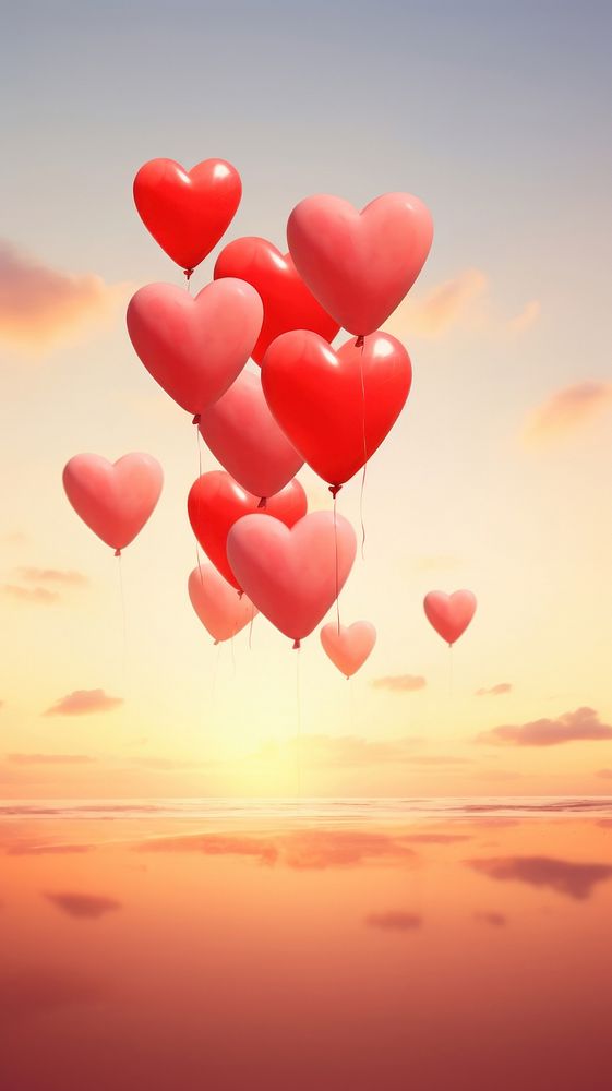 Heart-shaped balloons love tranquility landscape.