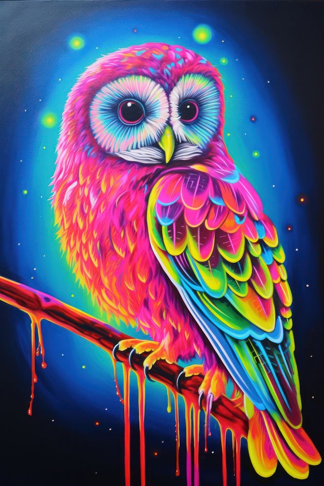 Black light oil painting of owl drawing yellow blue.