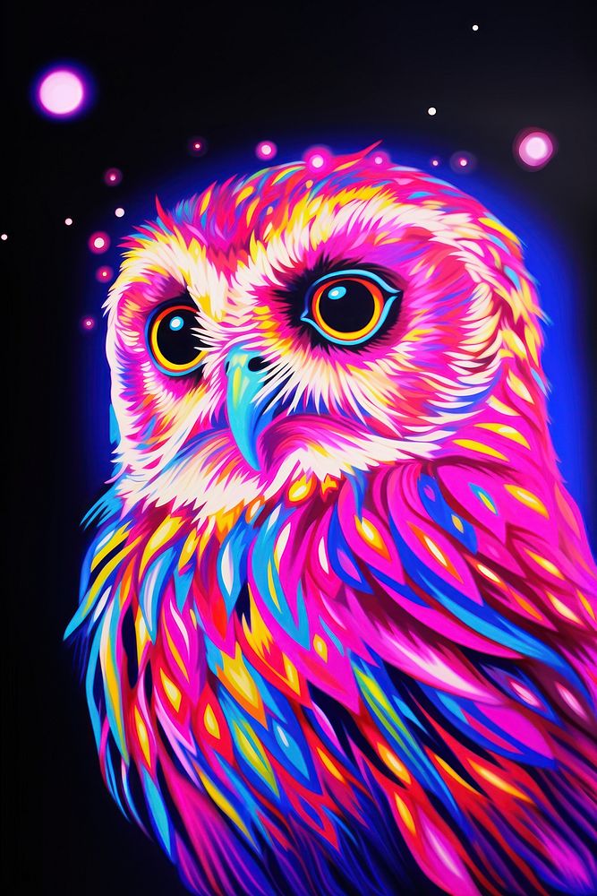 Black light oil painting of owl purple pattern animal.