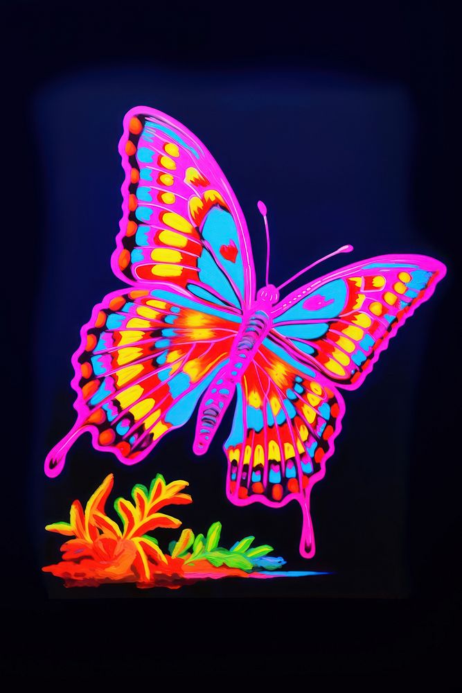 Black light oil painting of butterfly purple yellow animal.
