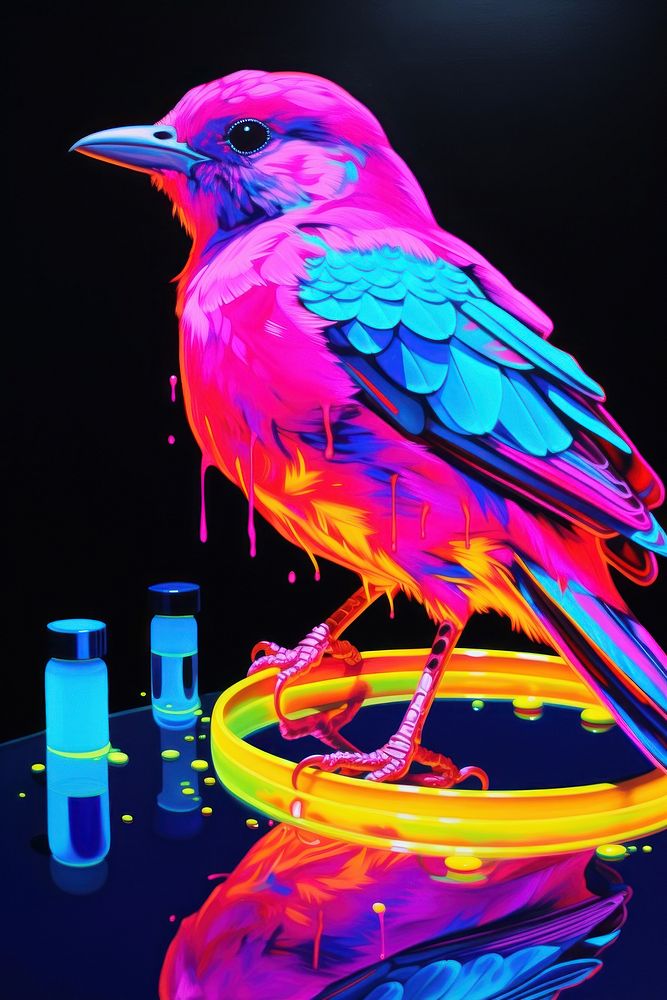 Black light oil painting of bird purple animal blue.