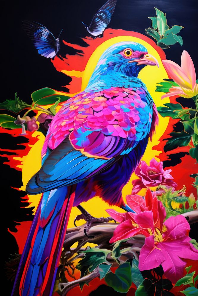 Black light oil painting of bird yellow purple beak.