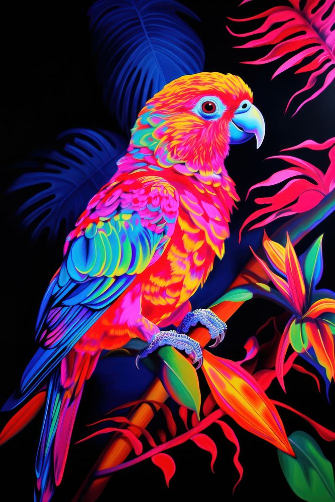 Black light oil painting of bird parrot animal beak.