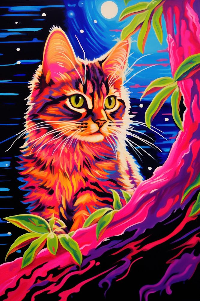 Black light oil painting of cat animal mammal pet.