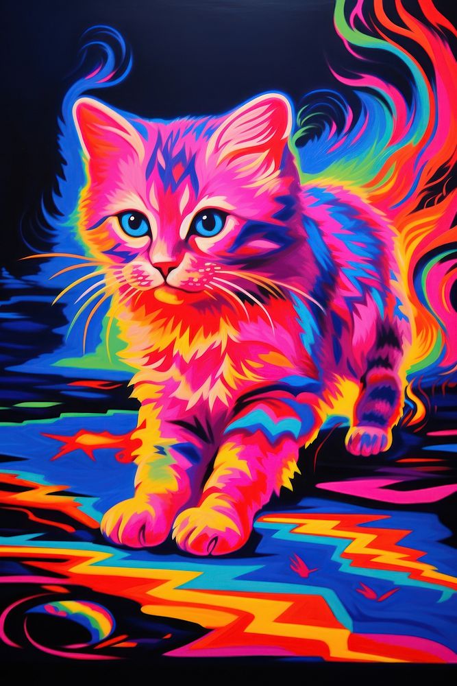 Black light oil painting of cat mammal animal purple.