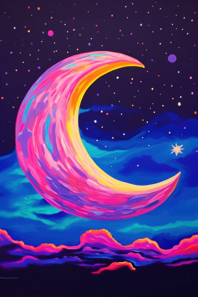 Black light oil painting of crescent purple astronomy outdoors.