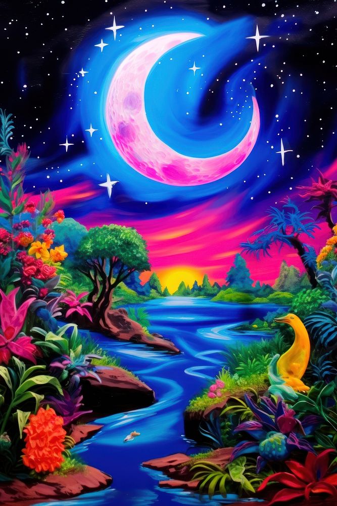 Black light oil painting of crescent outdoors nature purple.