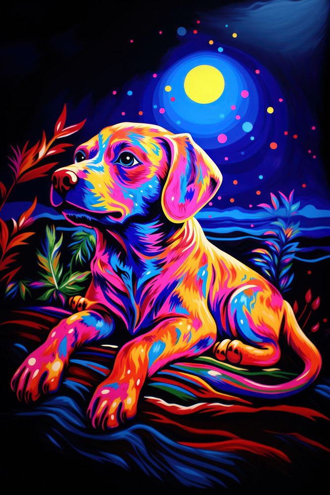 Black light oil painting of dog animal mammal purple.