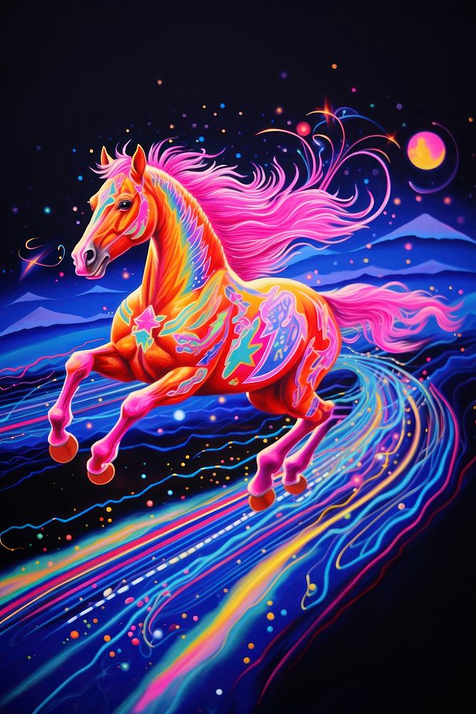 Black light oil painting of horse animal mammal purple.