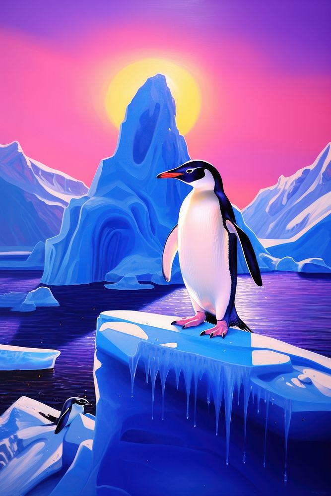 Black light oil painting of penguin ice outdoors iceberg.