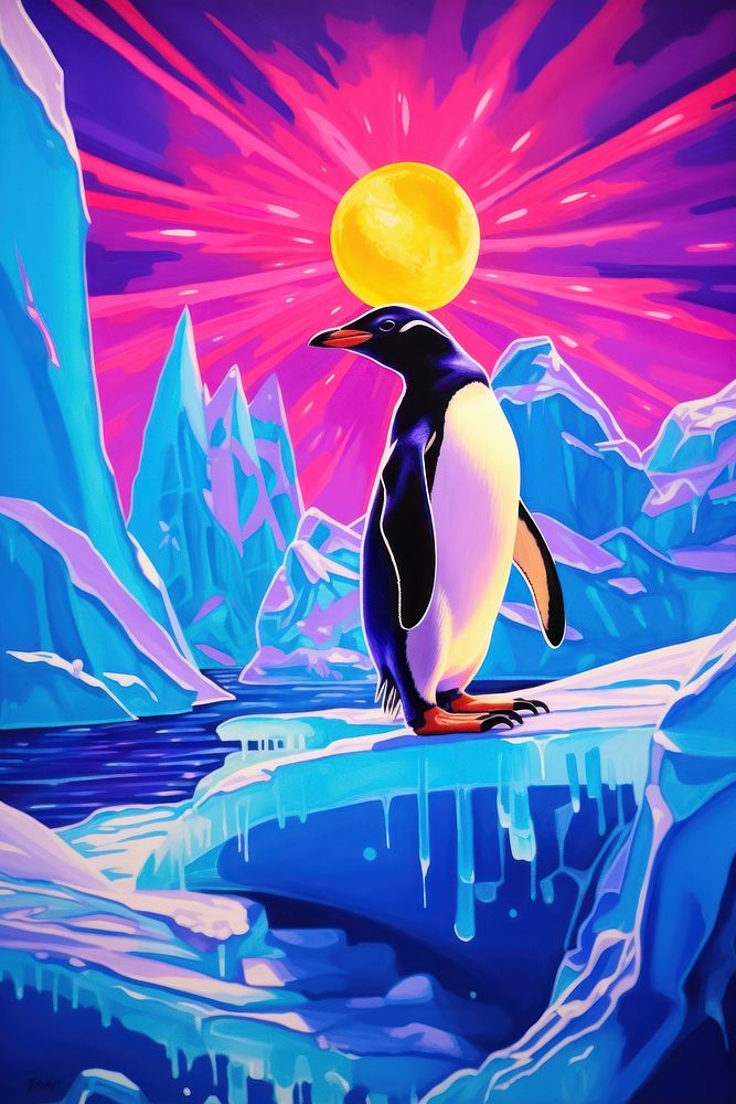 Black light oil painting of penguin outdoors bird blue.