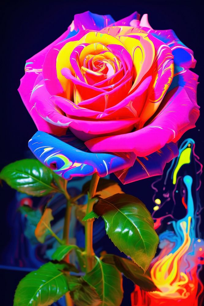 Black light oil painting of rose flower yellow purple.