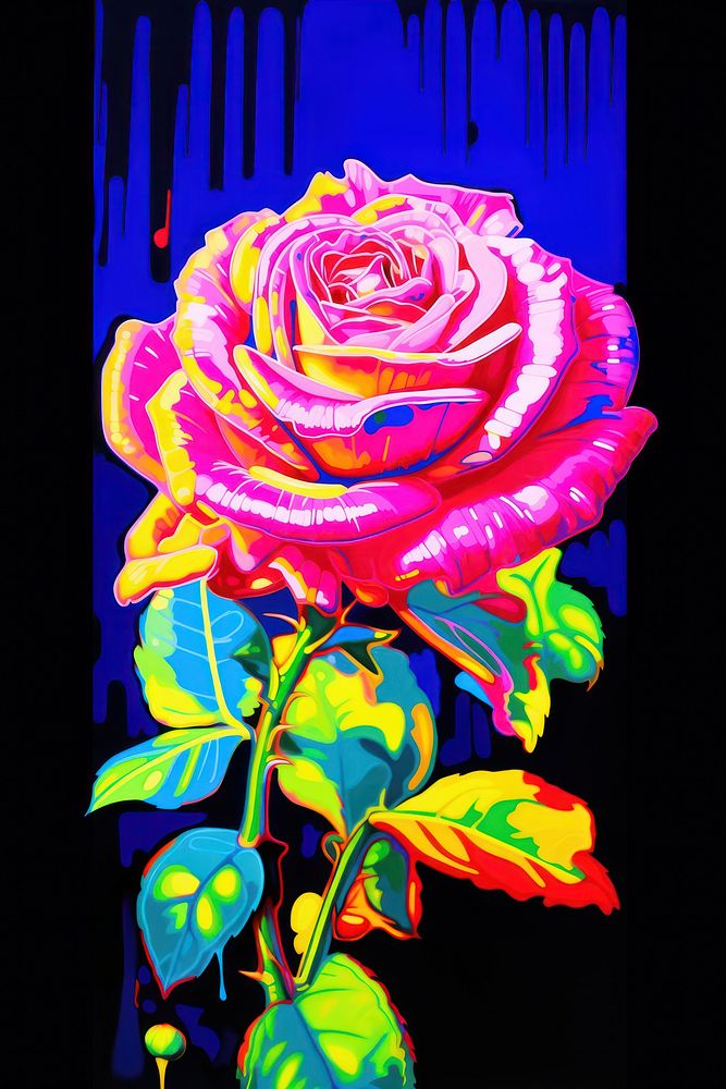 Black light oil painting of rose flower purple yellow.