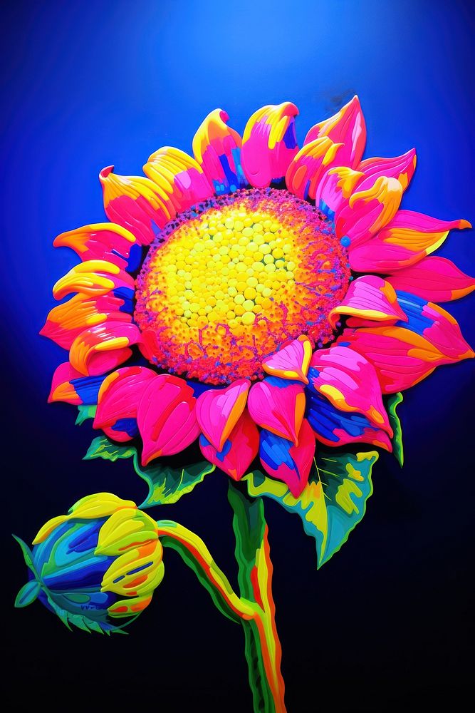 Black light oil painting of sunflower yellow purple petal.