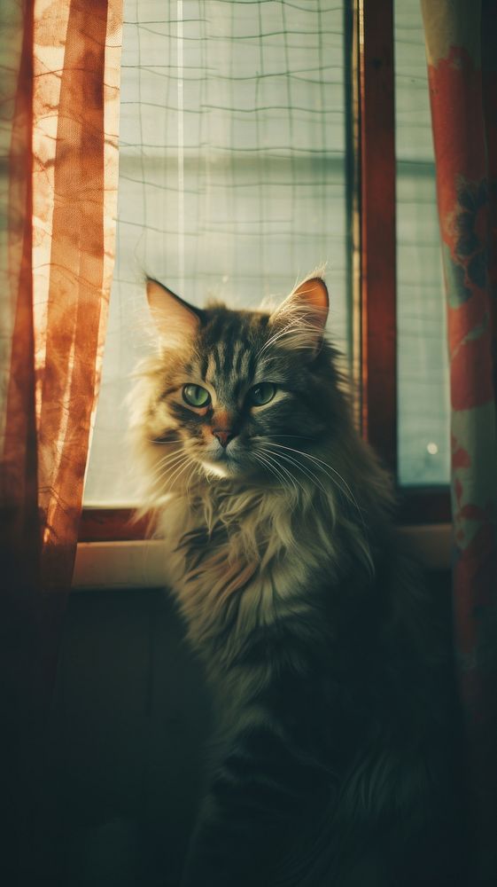 Cat windowsill curtain mammal.