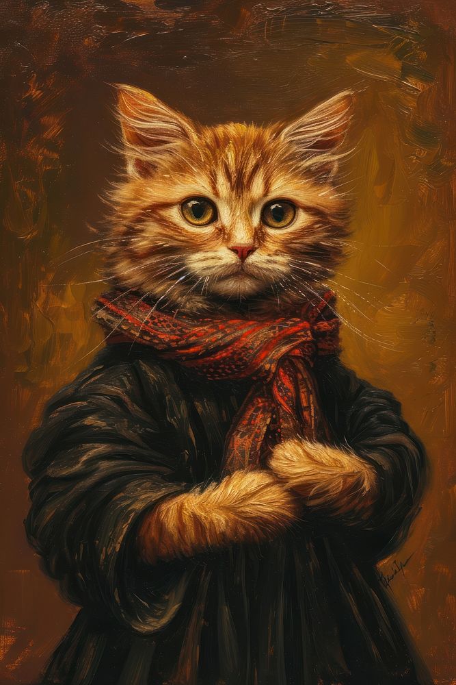 Cat costuming Mona Lisa portrait painting animal.