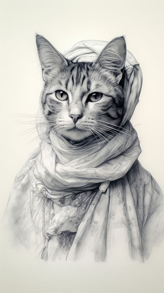 Vintage drawing of cat animal sketch portrait.