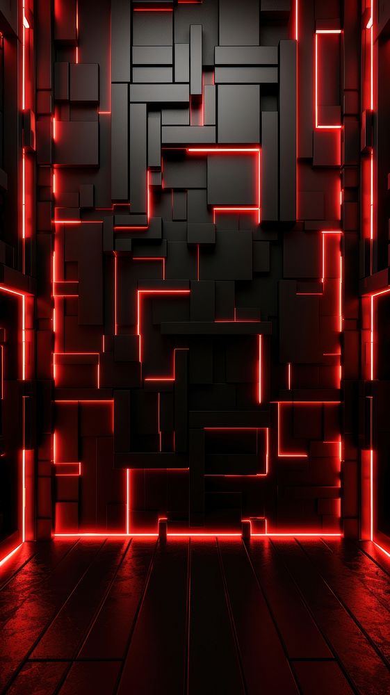 Wall with neon red lights architecture wall illuminated.