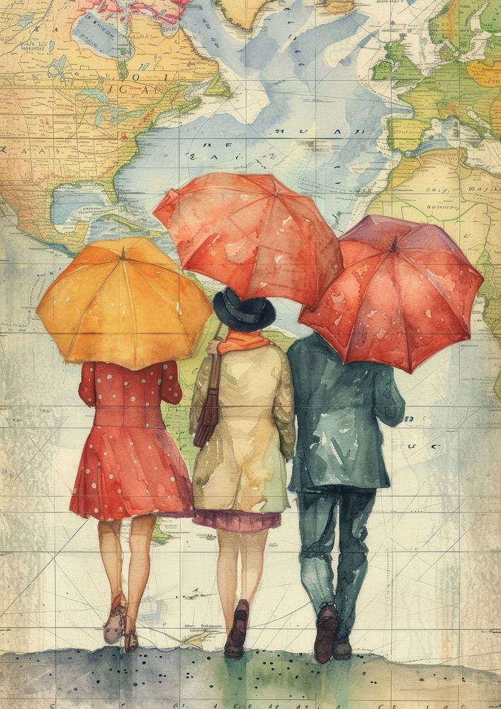 Vintage map watercolor art umbrella painting.