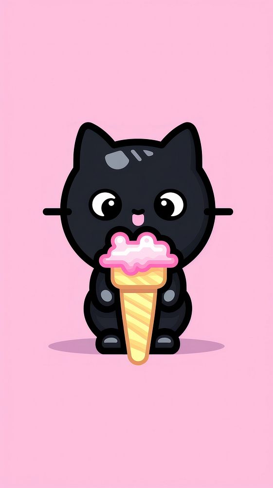 Kawaii black cat dessert eating cream.